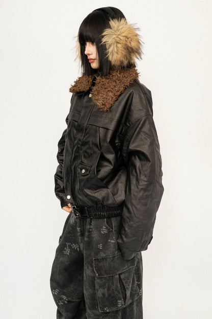 Retro Fur Collar Leather Jacket