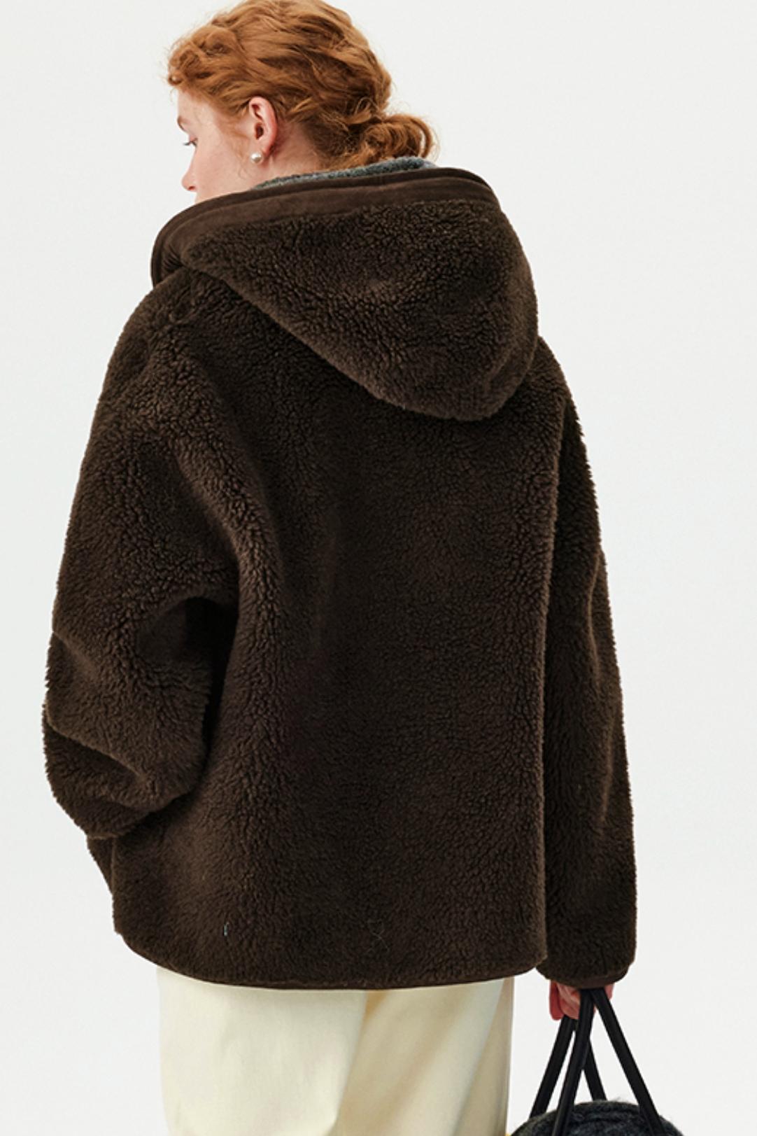 Brown Retro Lamb Wool Hooded Jacket
