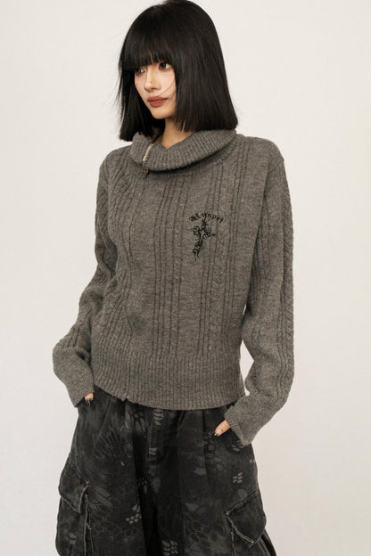 High-Neck Zipper Knit Sweater