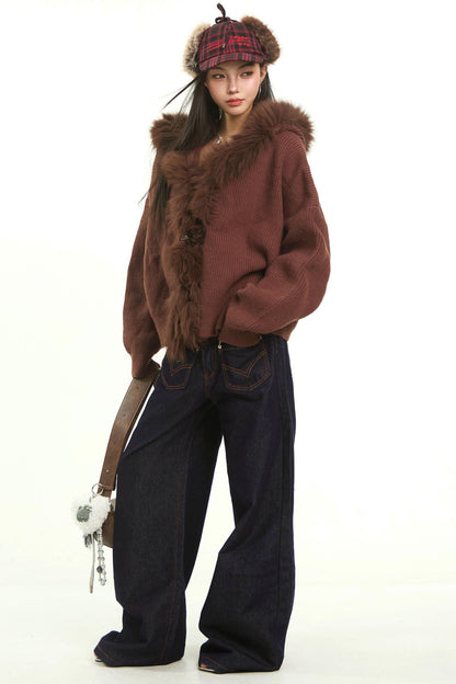 Retro Gray Fur Collar Cardigan Jacket