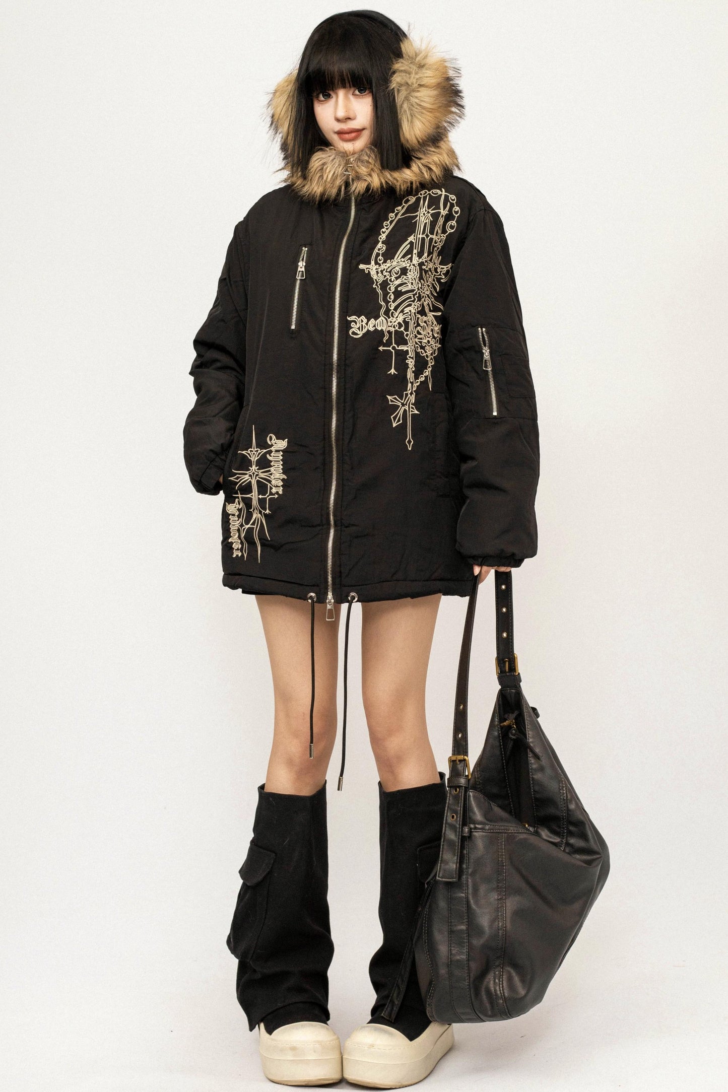 Embroidered Fur Collar Jacket