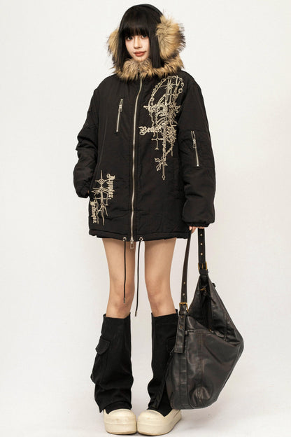 Embroidered Fur Collar Jacket