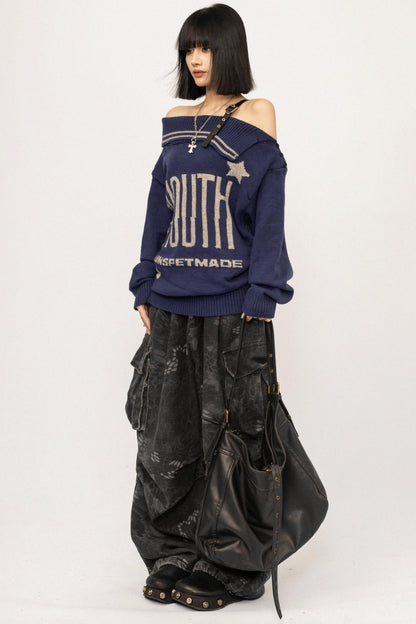 Retro Off-Shoulder Knit Cardigan