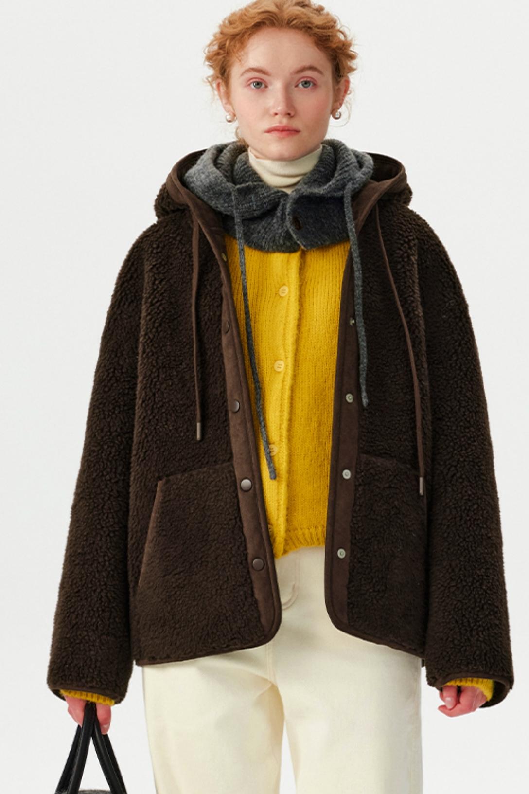 Brown Retro Lamb Wool Hooded Jacket