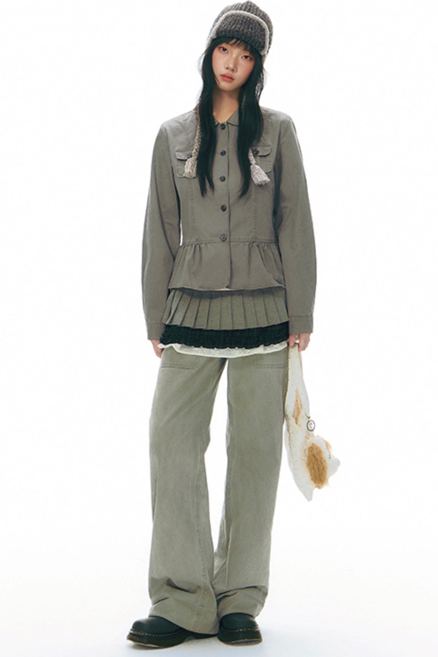 Distressed Doll Collar Cargo Coat