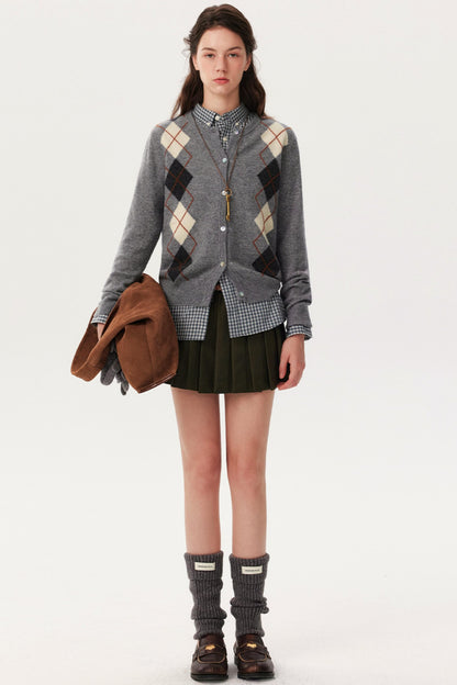 Wool Argyle Knit Cardigan Shirt Set-Up