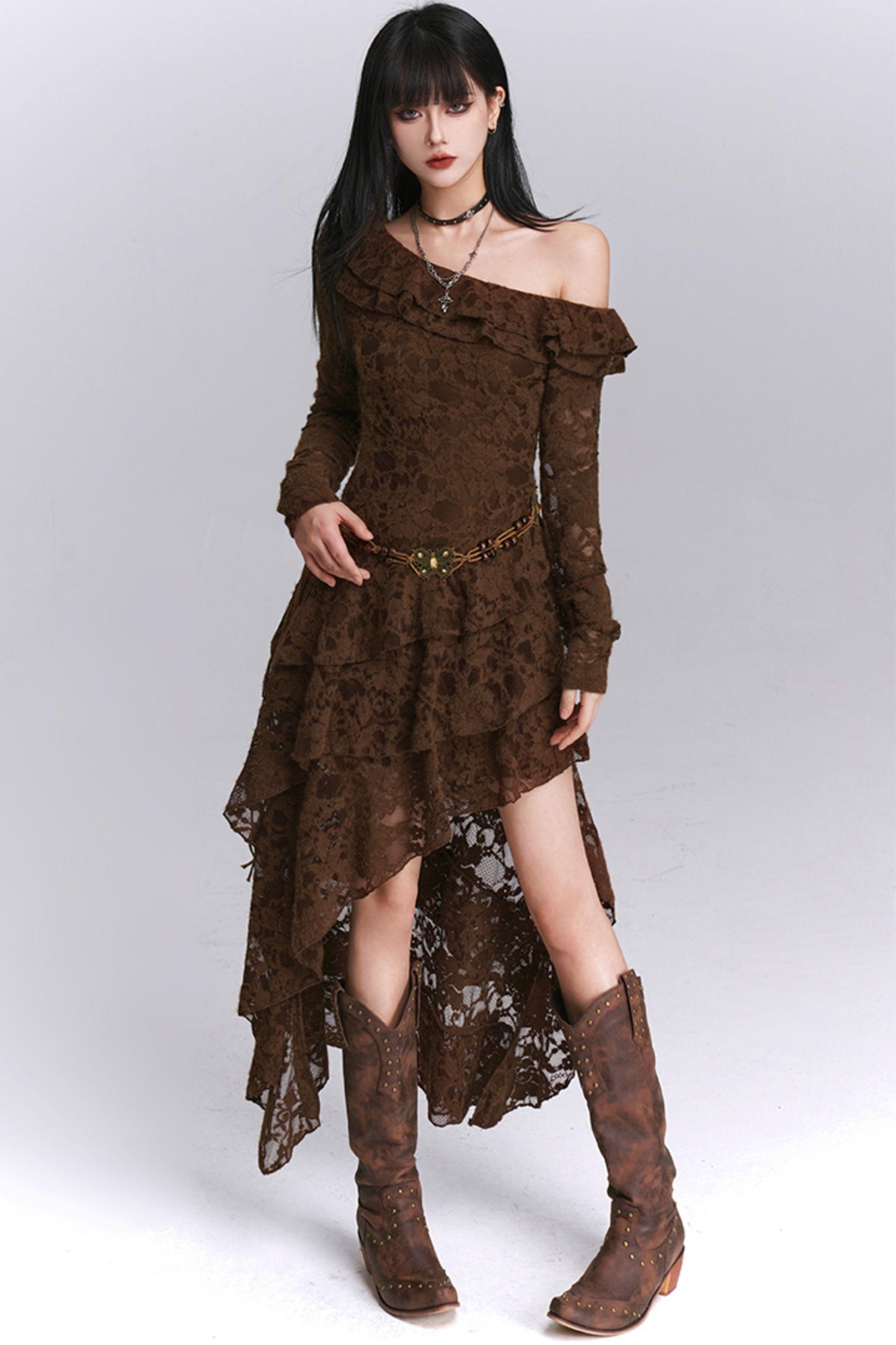 Irregular Brown Lace Off-Shoulder Dress