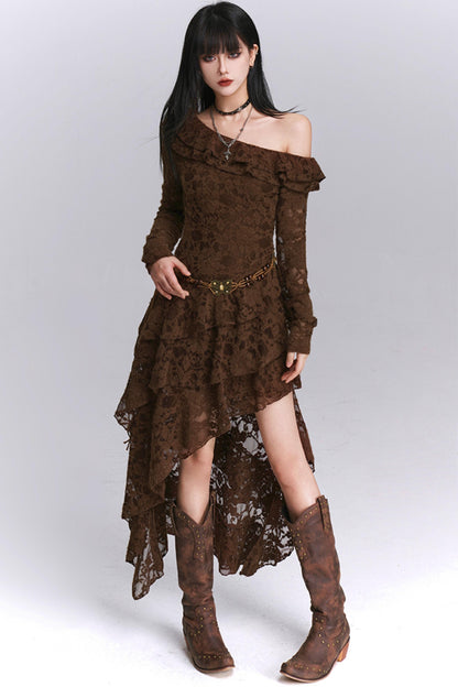 Irregular Brown Lace Off-Shoulder Dress