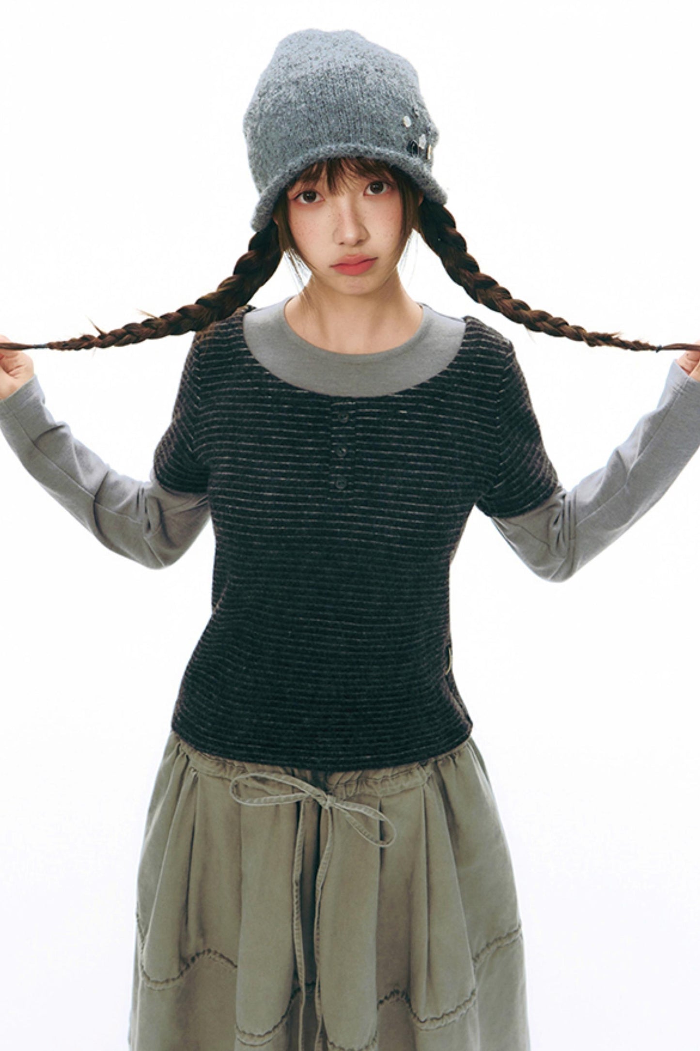 Brushed Stripe Round Neck Long Sleeve Top