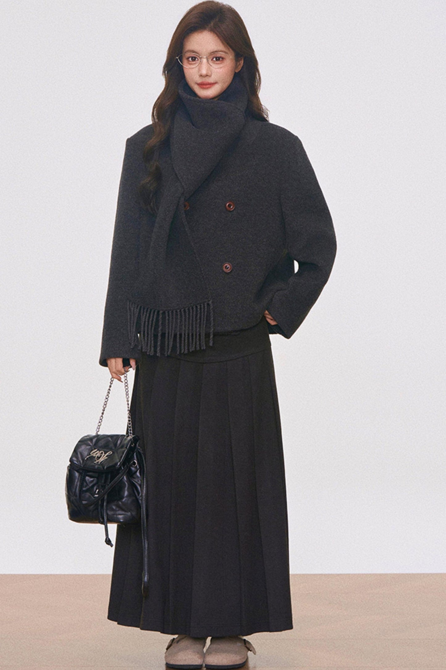 Woolen Coat with Scarf And Skirt Set-Up