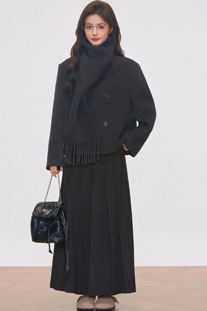 Woolen Coat with Scarf And Skirt Set-Up