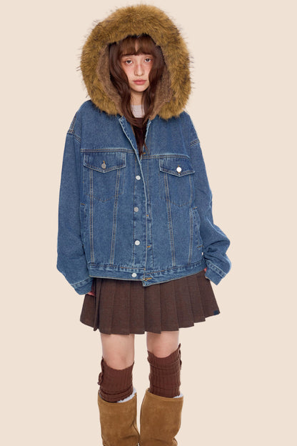 Fur Collar Hooded Denim Jacket
