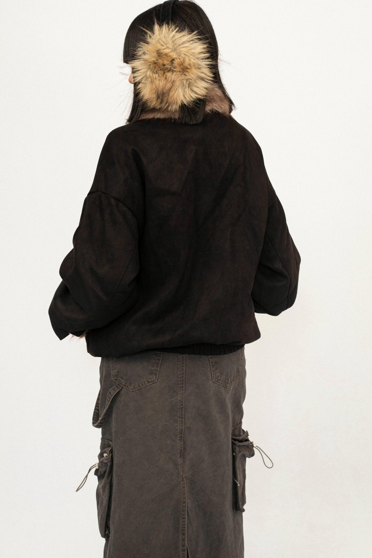 Retro Design Fur Collar Black Cotton Jacket