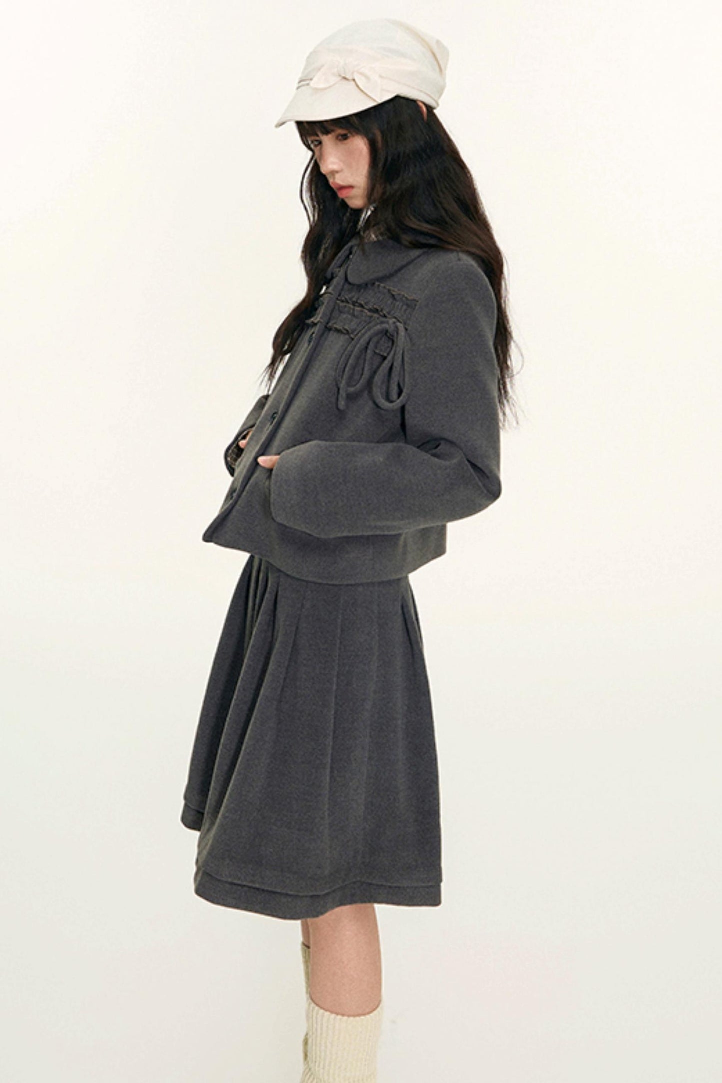 College Ruffle Woolen Suit Skirt Set-Up