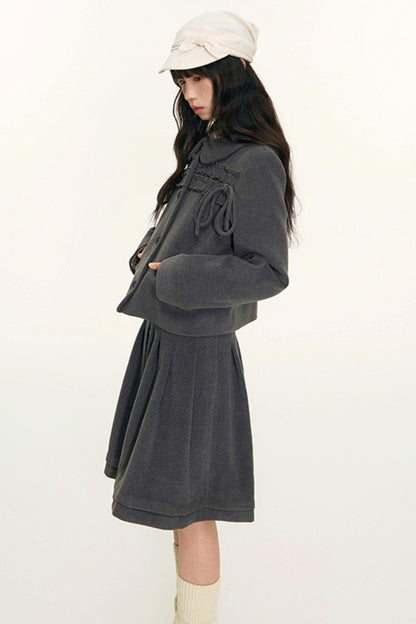 College Ruffle Woolen Suit Skirt Set-Up
