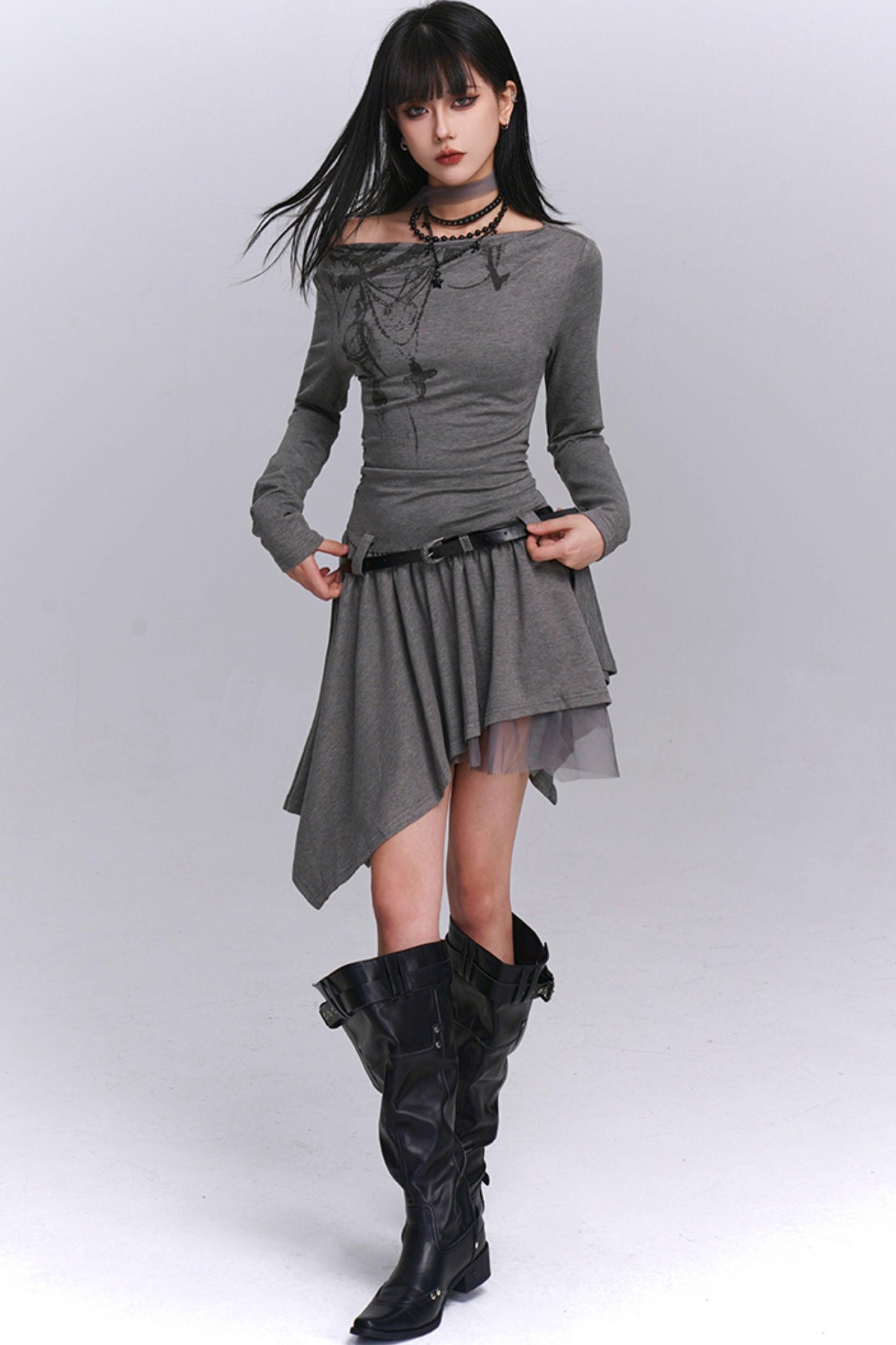 Gray Off-Shoulder Autumn Dress