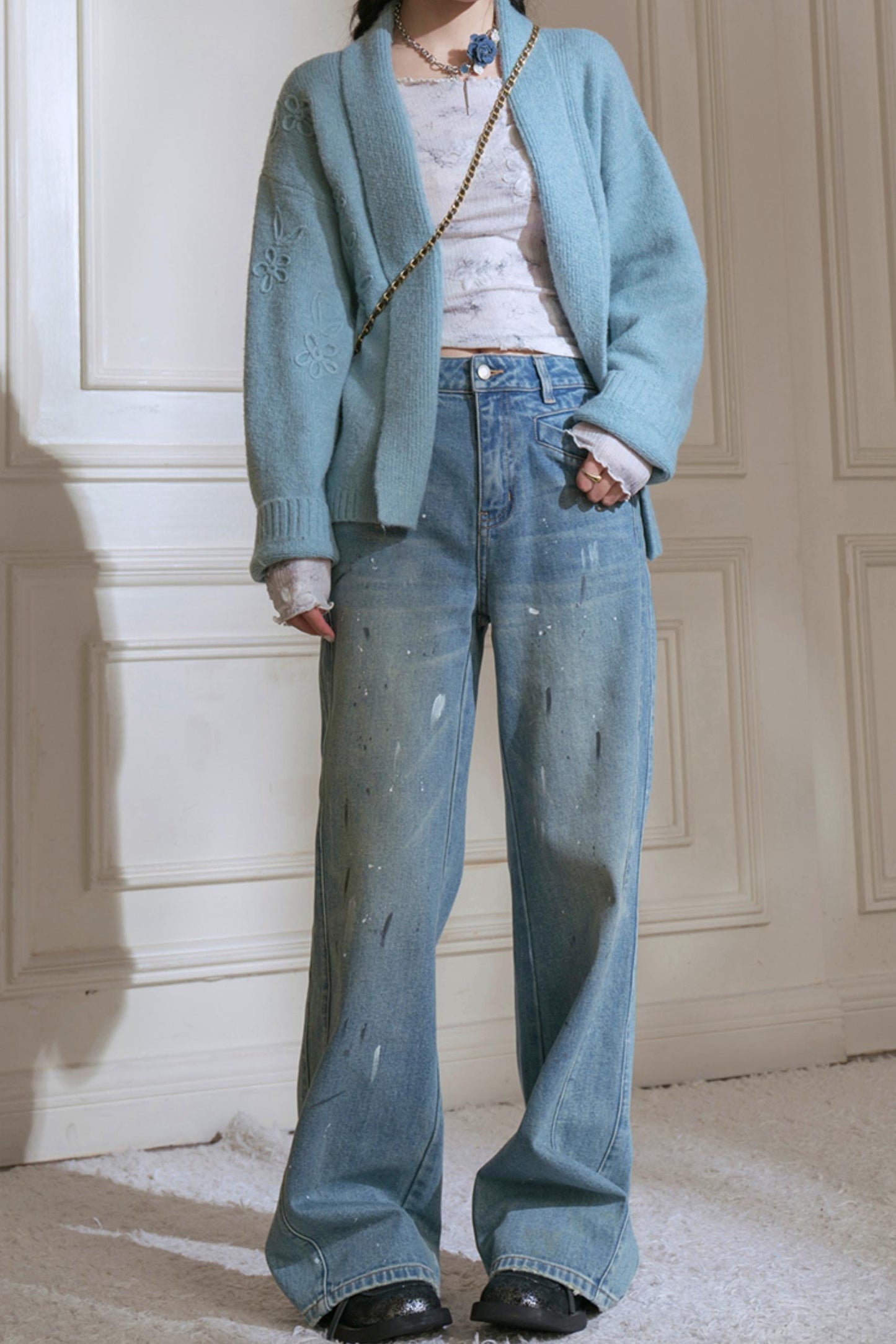 Sky Geometric Straight Jeans