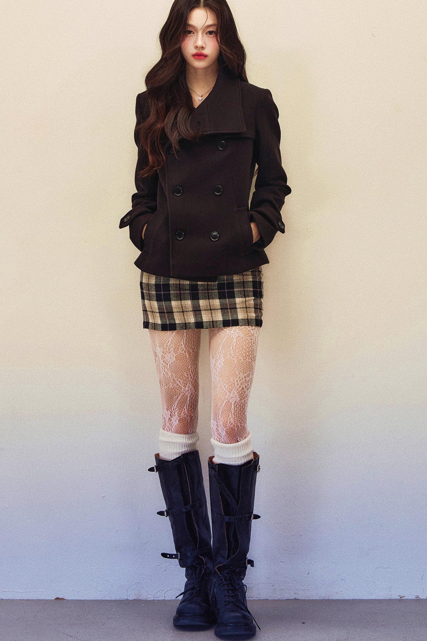 Double-Breasted Woolen Coat And Plaid Skirt Set-Up