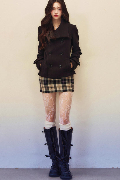 Double-Breasted Woolen Coat And Plaid Skirt Set-Up