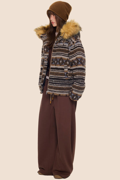 Ethnic Fur Collar Hooded Jacket