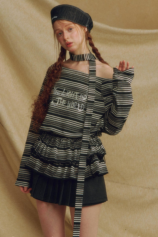 Chic One-Shoulder Striped Lace Top