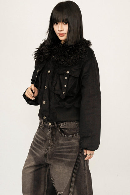 Black Fur Collar Hooded Jacket