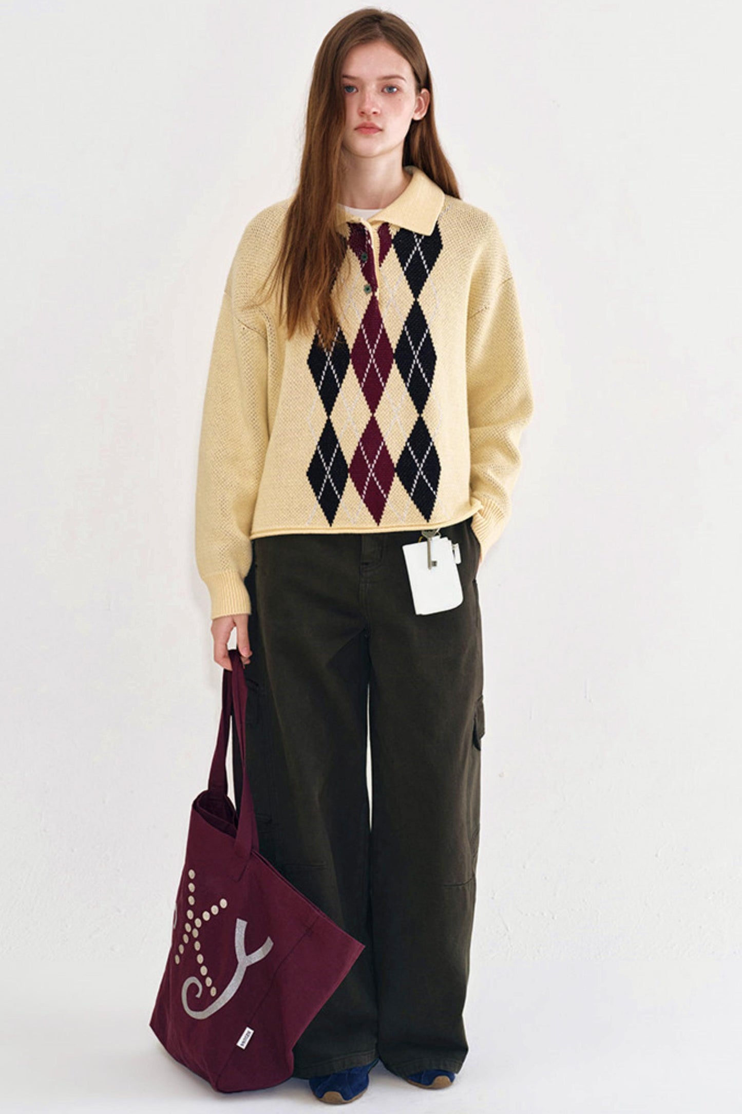 Cream Yellow Argyle Knit Sweater