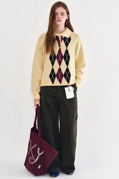 Cream Yellow Argyle Knit Sweater