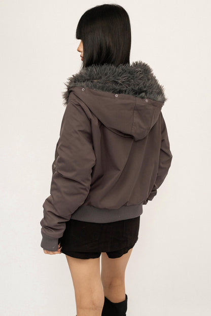 Gray Detachable Fur Collar Parka Coat