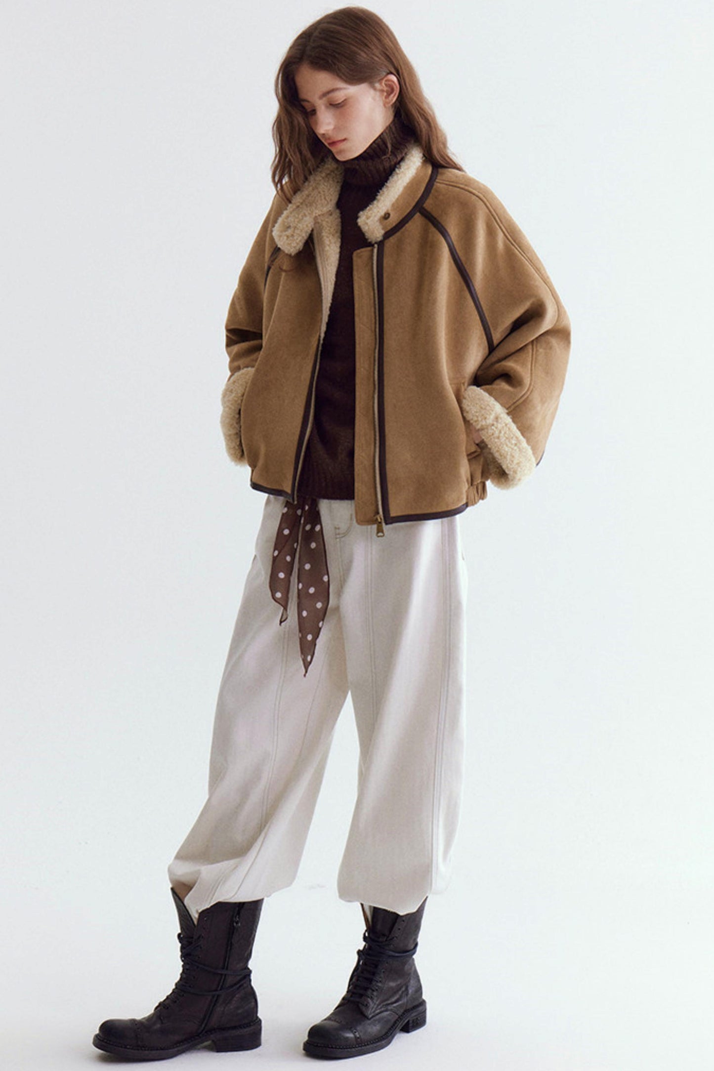 Color-Blocked Suede Shearling Coat