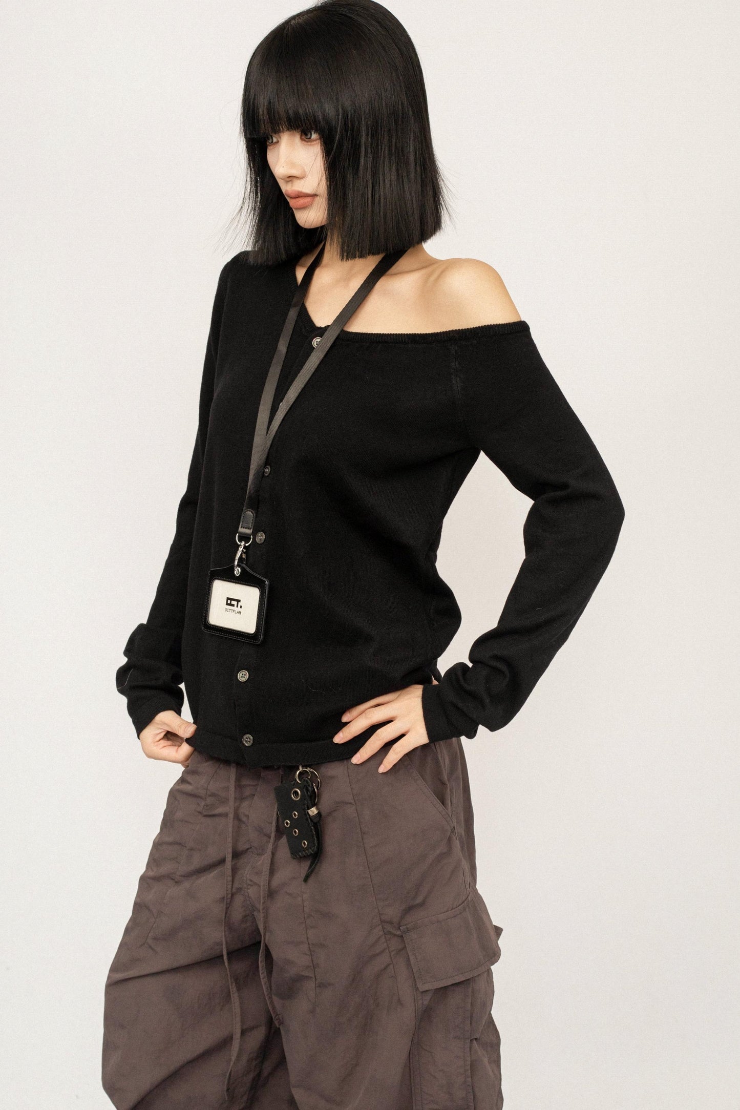 Black Knitted Off-Shoulder Cardigan