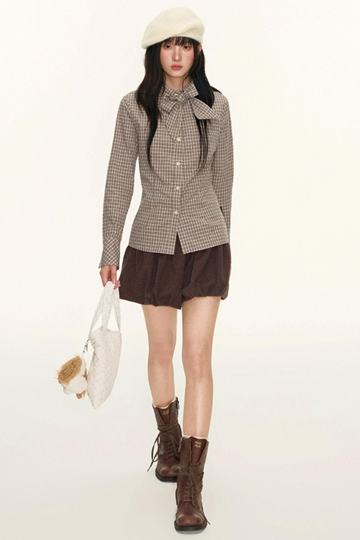 Original Plaid Embroidered Lace-Up Long Sleeve Shirt