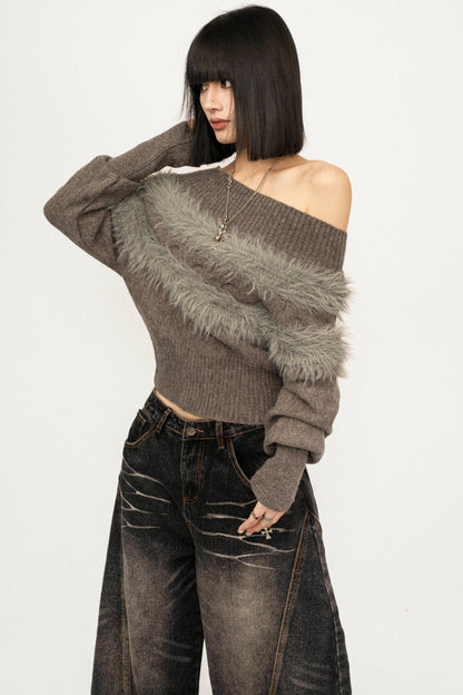 Off-Shoulder Fur Trim Sweater