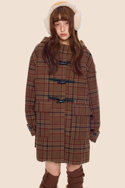Plaid Toggle Woolen Coat