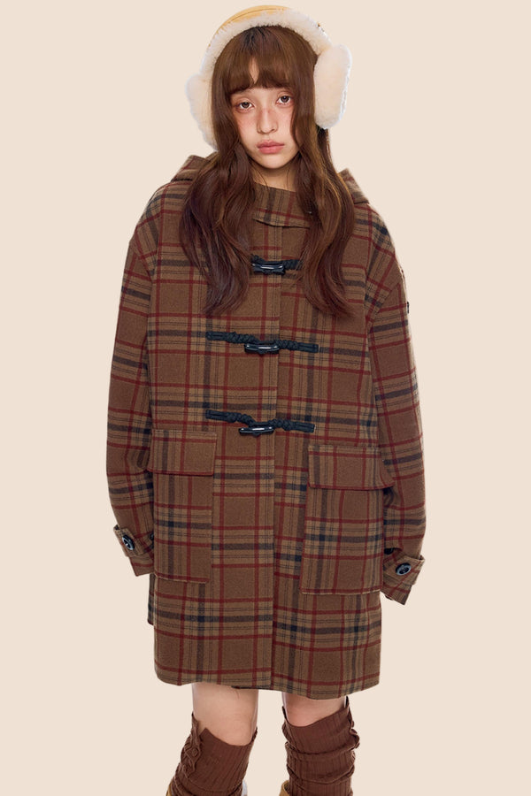 Plaid Toggle Woolen Coat