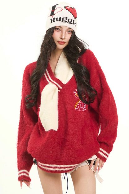 Retro Red Knit V-Neck Sweater