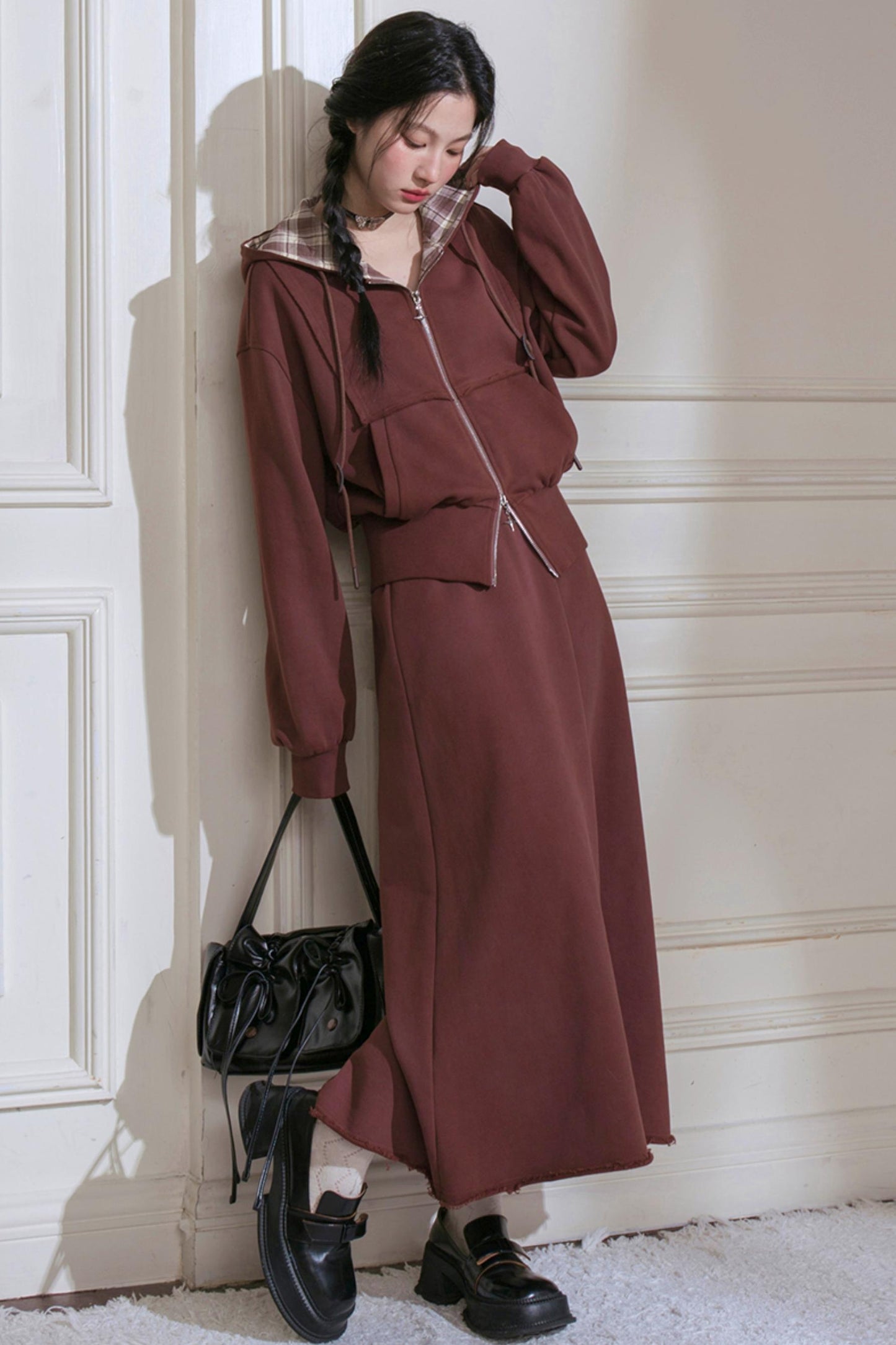 Maple Leaf Rouge À carreaux Patchwork Veste Ensemble