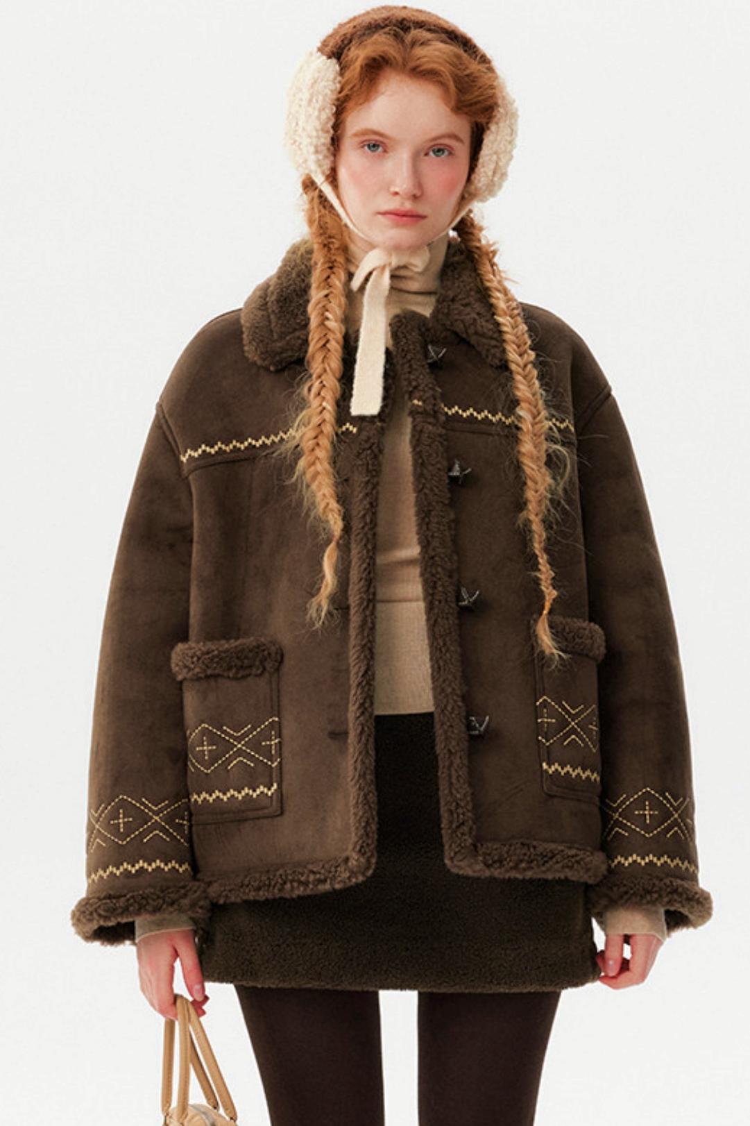 Retro Suede Embroidered Wool Jacket