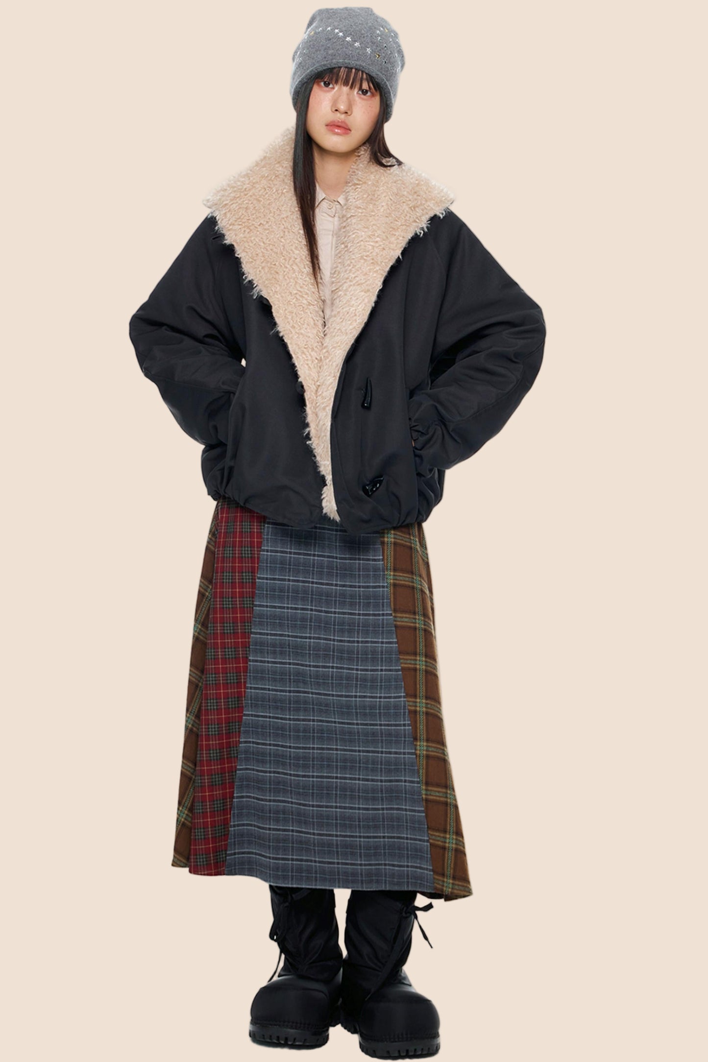 Fur-Trimmed Color-Blocked Coat