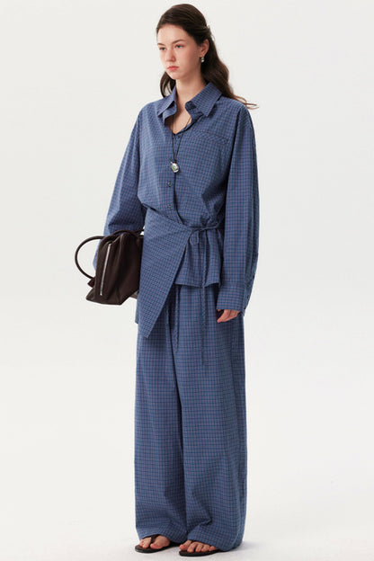Blue Plaid Long Shirt Trousers Set