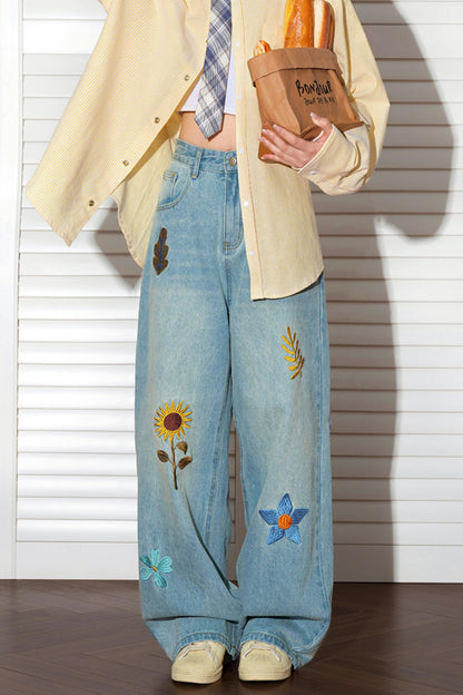 Retro Sunflower Embroidered Wide-Leg Jeans