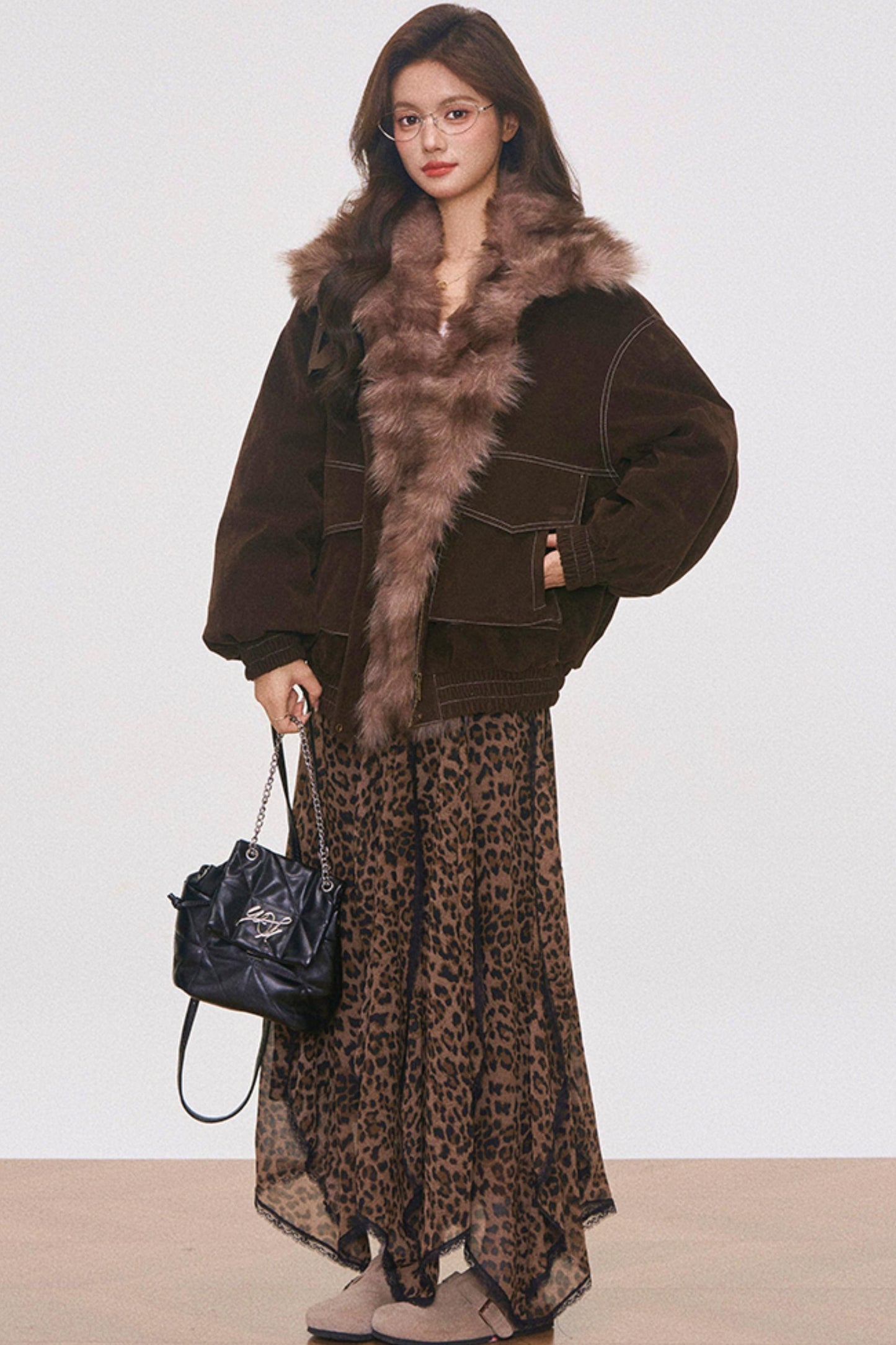 Brown Suede Fur Jacket and Leopard Skirt Set-Up