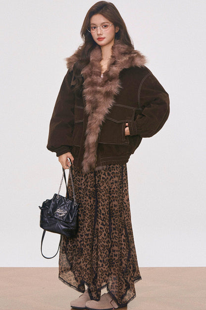 Brown Suede Fur Jacket and Leopard Skirt Set-Up