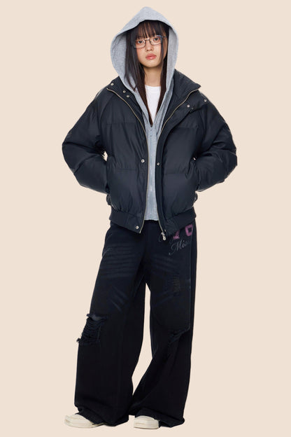 Color-Blocked Leather Hooded Jacket