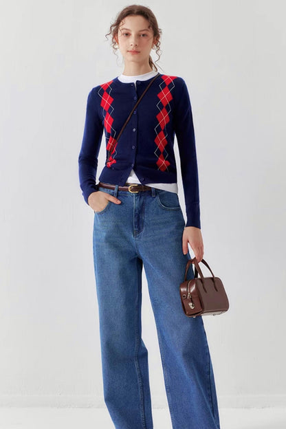 Navy Retro Check Wool Knit Cardigan