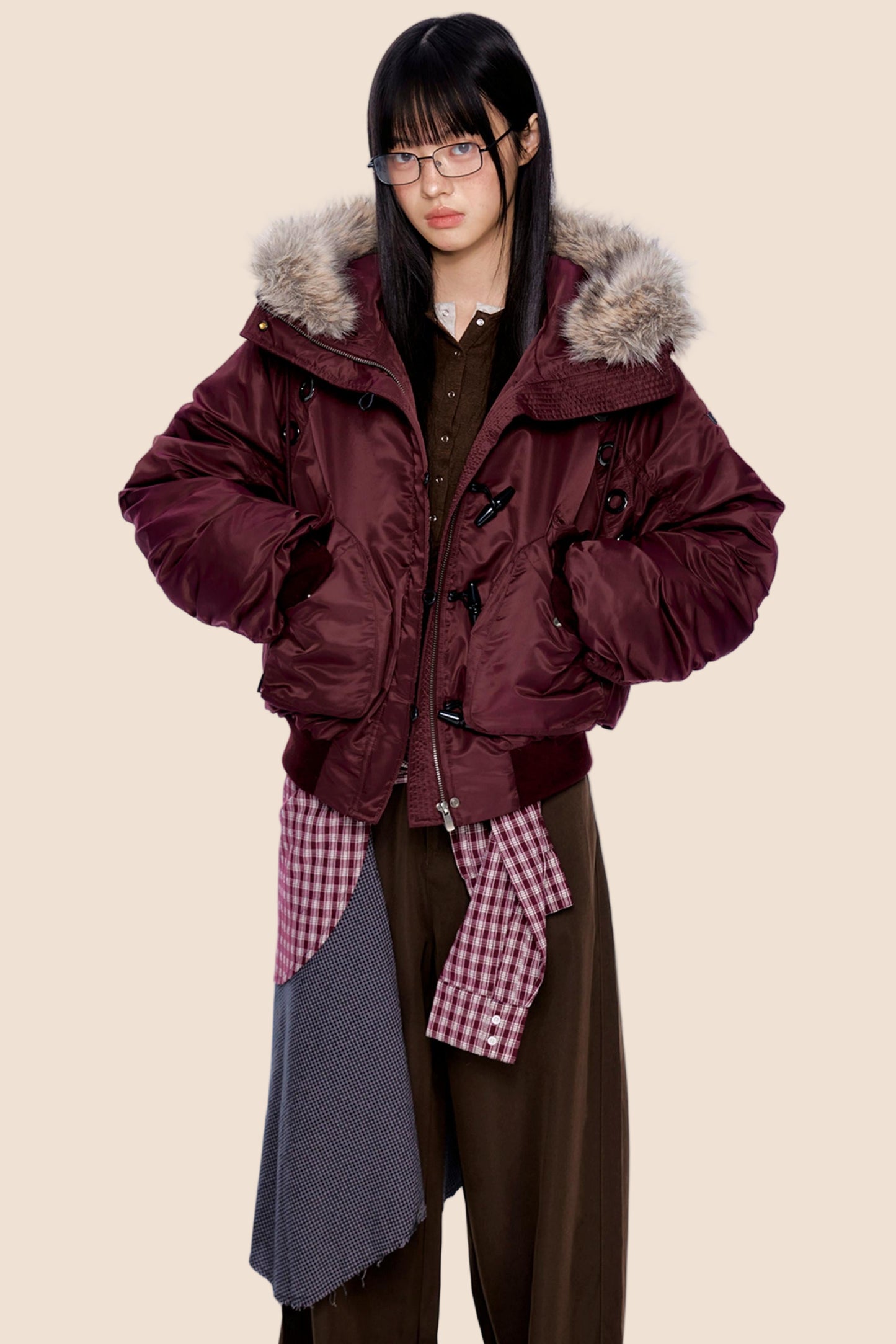 Large Fur Collar Pleated Jacket