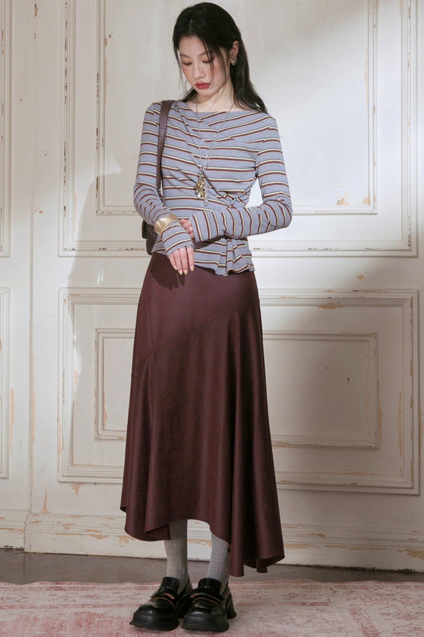 Soft Gray and Yellow Striped Knitted T-Shirt