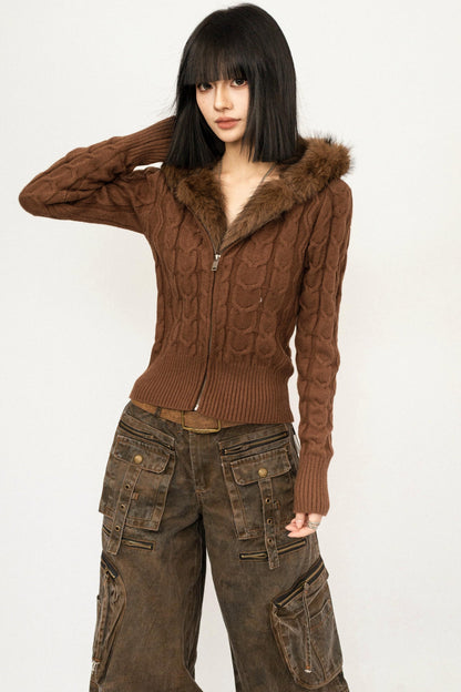 Retro Cable Knit Hooded Cardigan