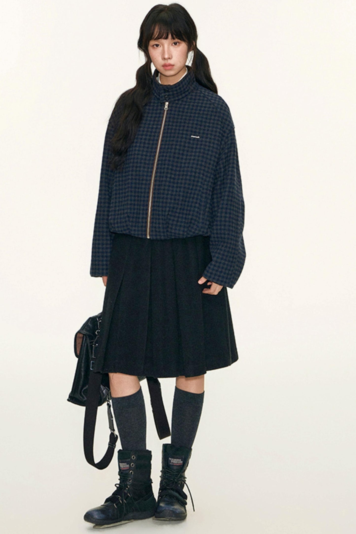 Vintage Suede Plaid Reversible Stand-Up Collar Jacket