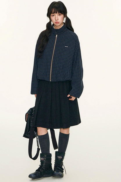 Vintage Suede Plaid Reversible Stand-Up Collar Jacket